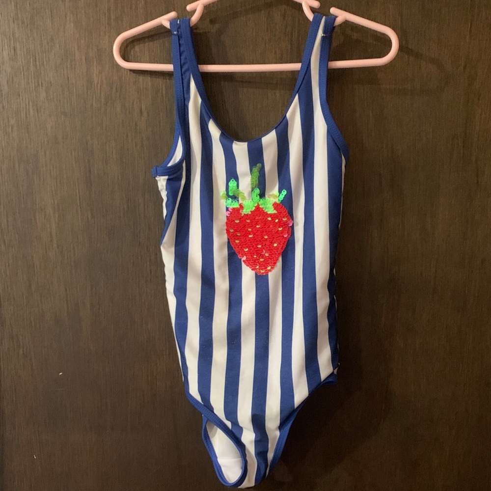 *3/$10* Wonder Nation Blue & White Striped One Piece Sequin Strawberry